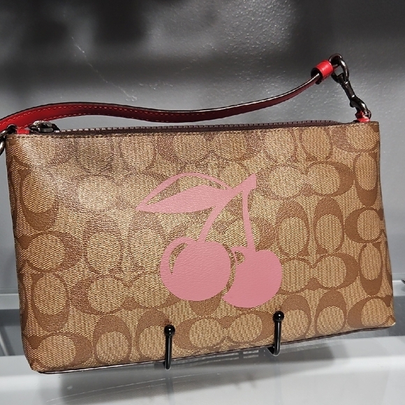 COACH EUC LARGE WRISLET/SHOULDER BAG Brown and Pink Cherry Print - Picture 1 of 11